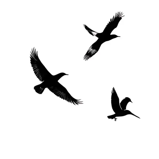 4 birds, a canary, swan, another canary and a nightingale flying in a line but dont show the line, blackout  tattoo design idea