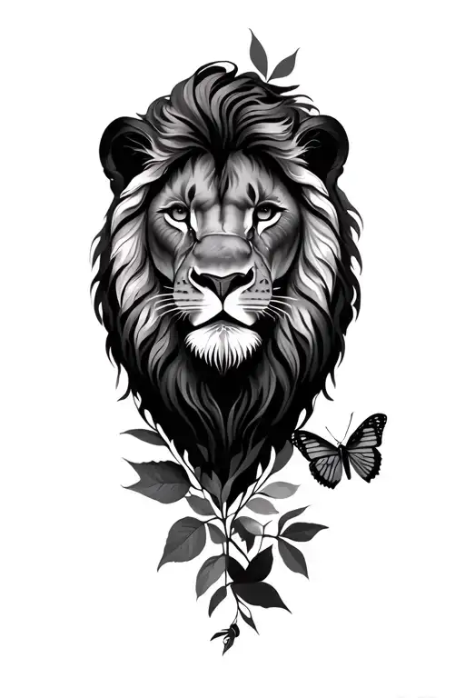 lions and leaves and butterflys tattoo design idea
