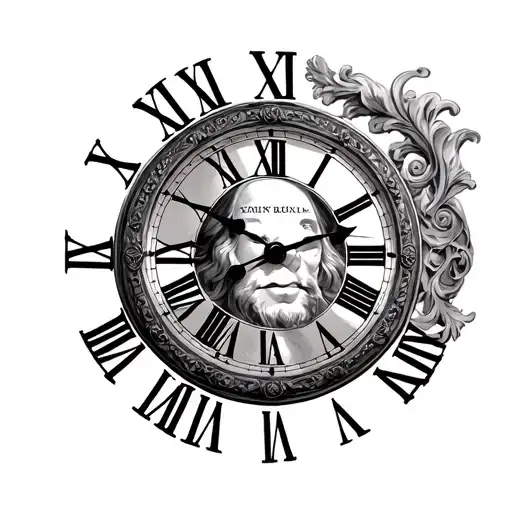 Roman numeral clock Benjamin Franklin inside tattoo design idea