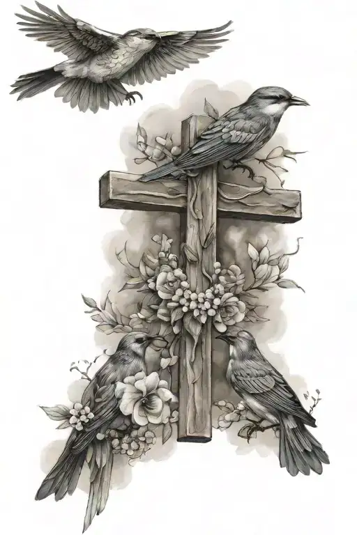 cross with three beautiful birds flying around it  tattoo design idea