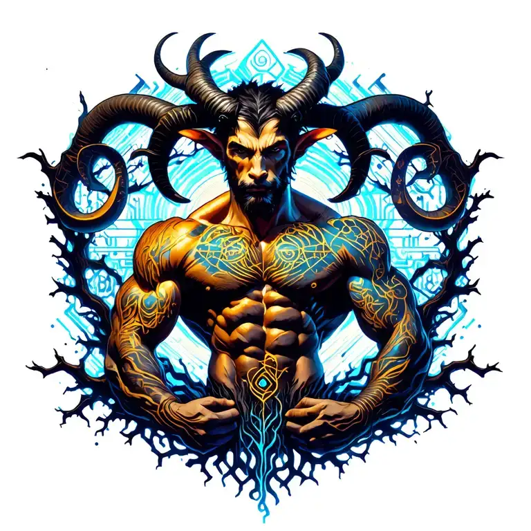 Gay male horned satyr with massive bodybuilder muscles flex. cyber tree roots, vines and patterns tattoo design idea