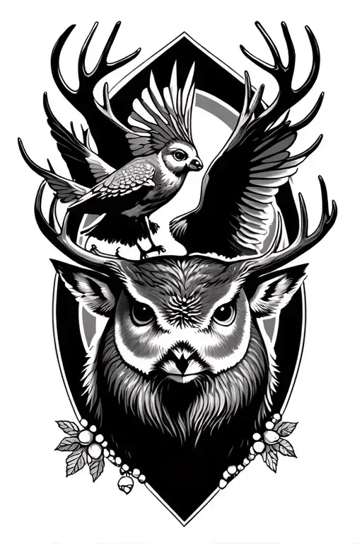 reindeer and owl flying between antlers tattoo design idea