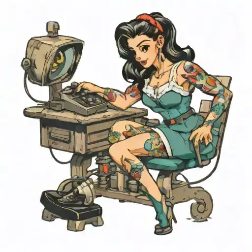 pin-up gamer girl doing housekeeping tattoo design idea