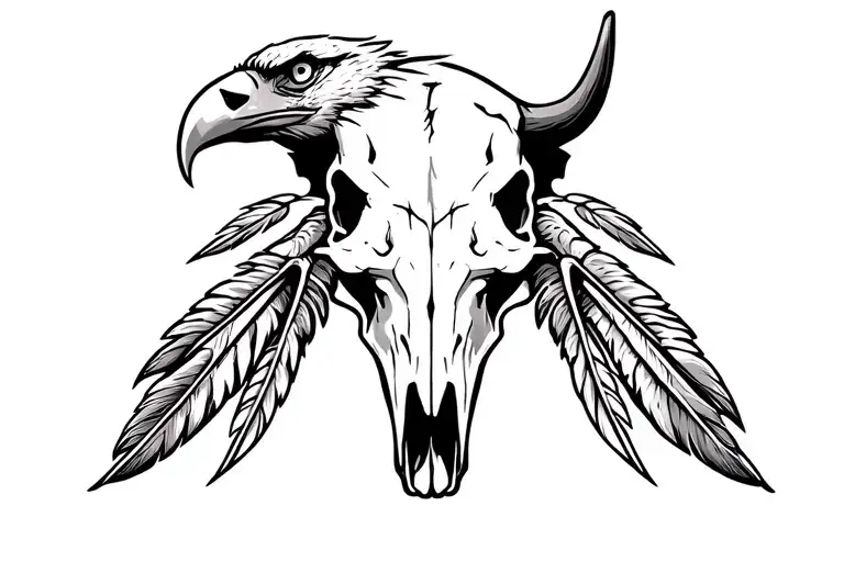 steer skull with eagle and feathers tattoo design idea