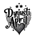 "Dynasti & April" name in shape of heart with wings and 5 point stars tattoo design idea