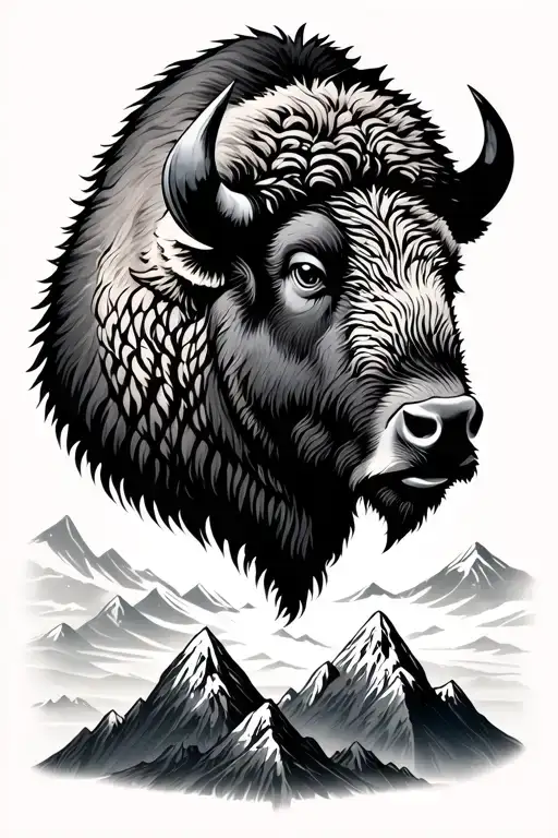 bison head with mountains inside tattoo design idea