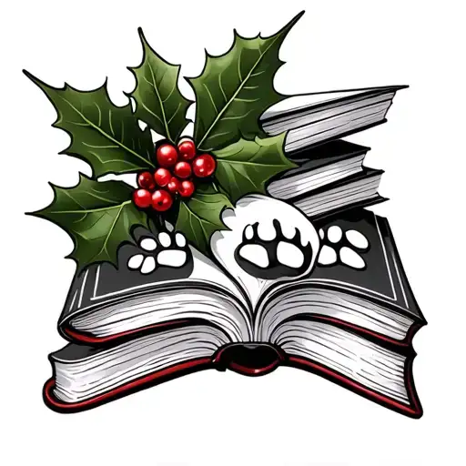 books, holly leaf and cat paws tattoo design idea
