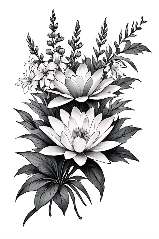 water Lilly and Larkspur on forarm half sleeve tattoo design idea