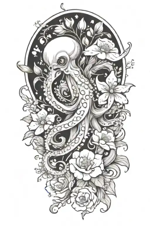 octopus, snowdrop, rose, marigold flower bouquet tattoo design idea