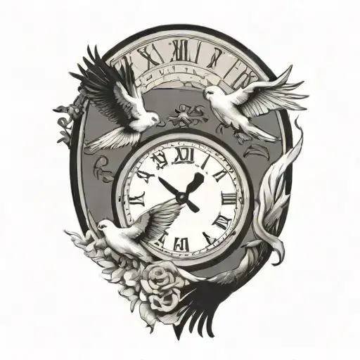 clock surrounded by doves flying tattoo design idea