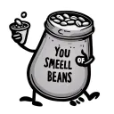 A stick figure bean holding a small tin of beans with the words you smell of beans incorporated  tattoo design idea