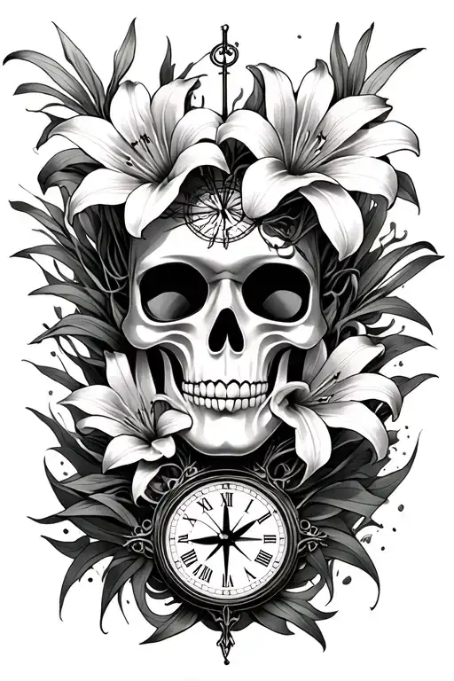lilies, Japanese death mask, compass, clock, mythology tattoo tattoo design idea