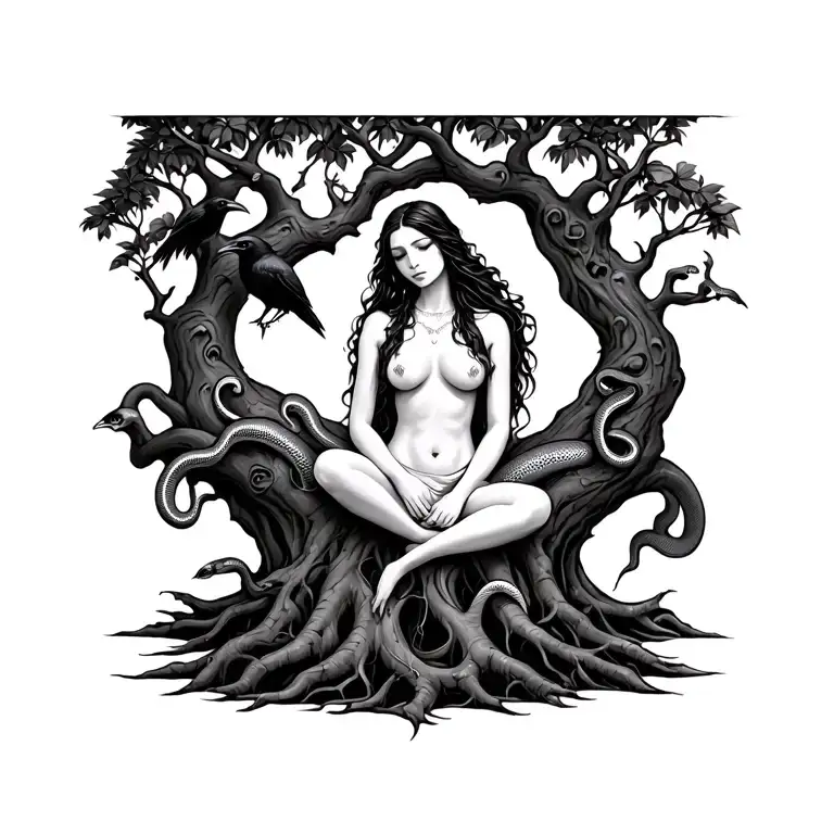 Lilith goddess. Hiding in a tree. Tree, small raven in branches and snake in roots. Lilith sitting inside tree in lotus  tattoo design idea