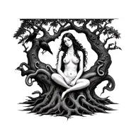 Lilith goddess. Hiding in a tree. Tree, small raven in branches and snake in roots. Lilith sitting inside tree in lotus  tattoo design idea