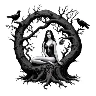 Lilith goddess. Hiding in a tree. Tree, small raven in branches and snake in roots. Lilith sitting inside tree in lotus  tattoo design idea