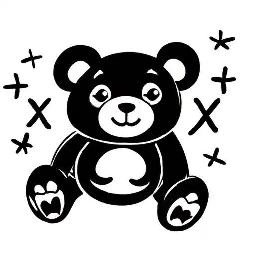 cartoon bear with x for eyes and smiley face surrounded tattoo design idea