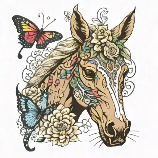 horse head flowers butterfly mandala design incorporating tattoo design idea