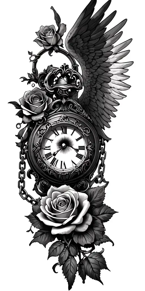 roses, angel, eye in clock face, chains tattoo design idea