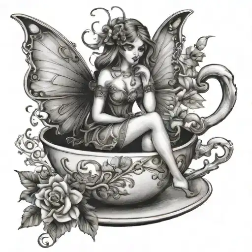 fairy sitting on a tea cup tattoo design idea