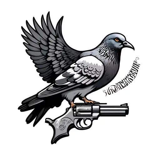 Generate a pattern of tattoo inculding hustle, honour, respect, hell, golden spirit, gun, god, low battery, slum, pigeon tattoo design idea