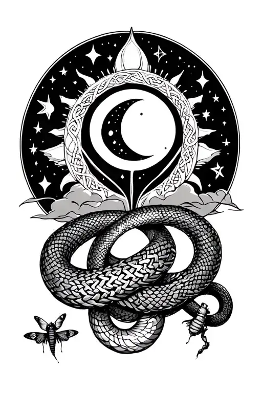 hour glass moon sun stars inside snake around top and bottom and a Celtic knot and moth near it tattoo design idea