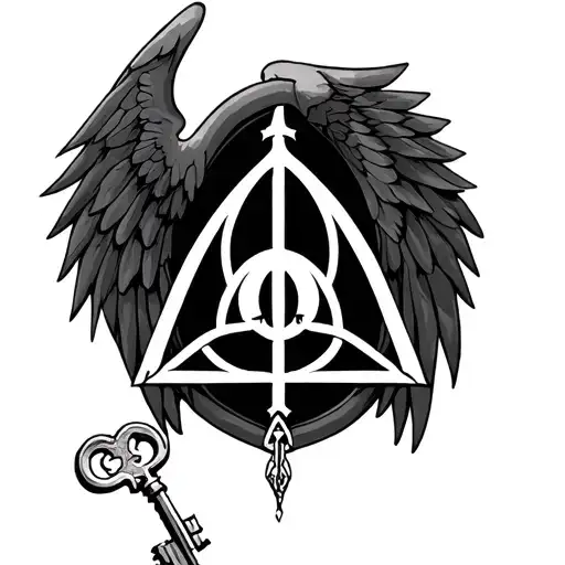 in fine line, can you create a small tattoo with the three deathly hallows from harry potter, plus a small key with wing tattoo design idea