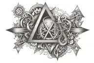 tattoo in the style of chaos on the hand with the sign of universal chaos and a triangle in the middle tattoo design idea