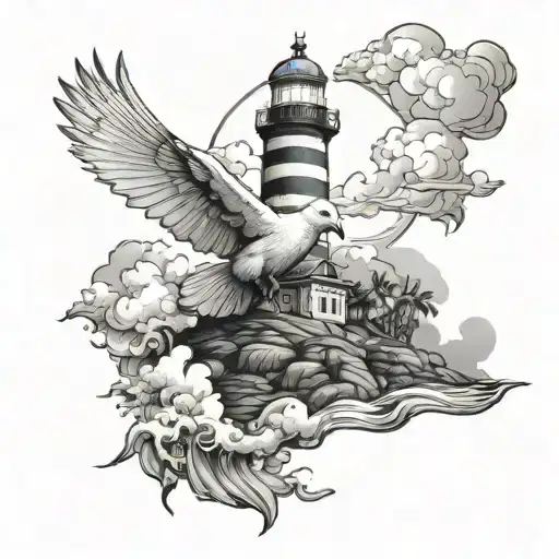 dove coming down from heaven above a lighthouse on the beach  tattoo design idea