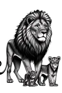 lion standing over lioness and cub tattoo design idea