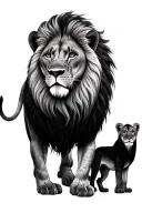 lion standing over lioness and cub tattoo design idea
