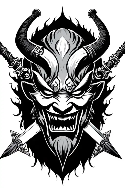 Oni mask with swords going through tattoo design idea
