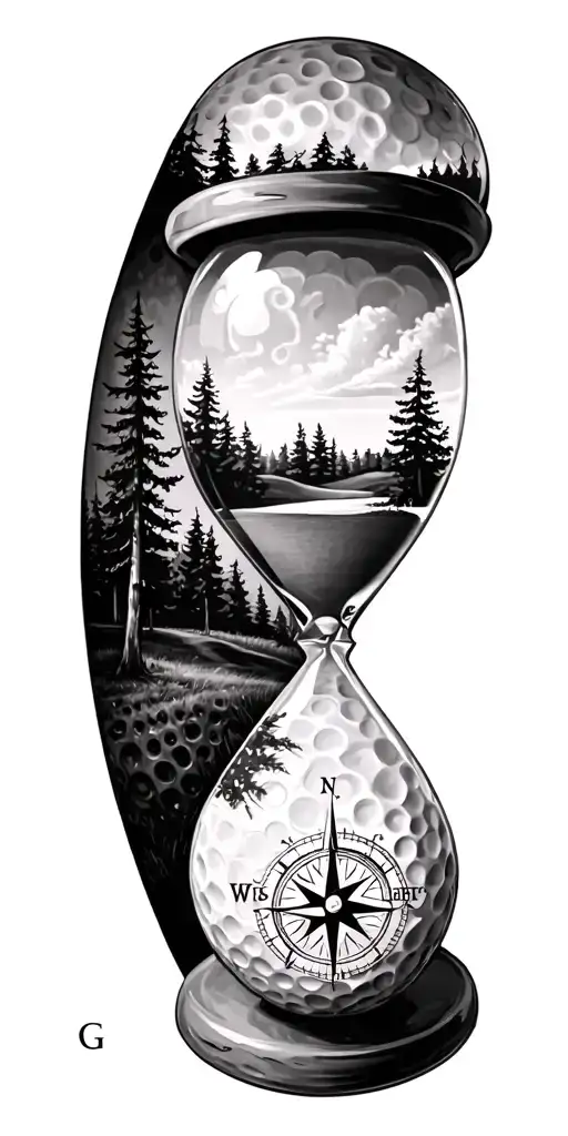 family and forest and hour glass and compass golf course golf ball tattoo design idea