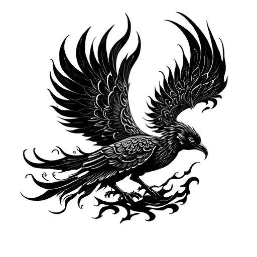 A majestic black and white tattoo design of a Persian phoenix (Simurgh), rising from ashes. The bird is large and elegan tattoo design idea