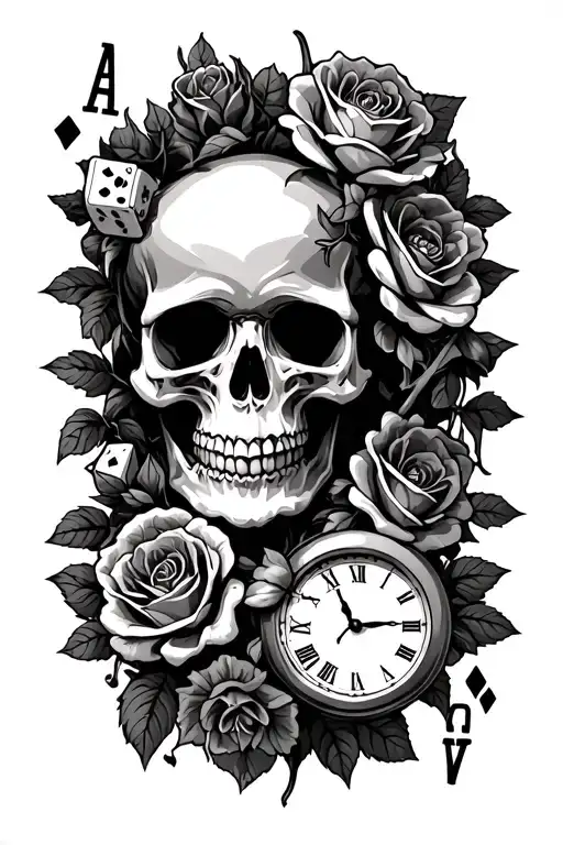 skull hidden in roses, thorns, flowers, vines with ace cards and dice and a clock tattoo design idea