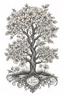 tree of life with May, August, October, November, June birth flowers tattoo design idea