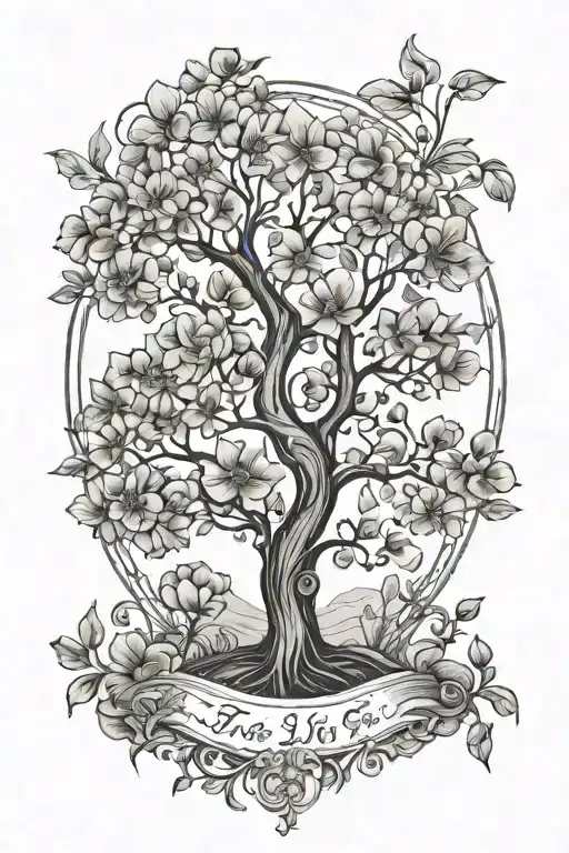 tree of life with May, August, October, November, June birth flowers tattoo design idea