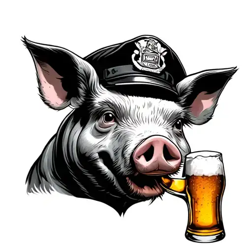 pig with a cop cap drinking beer tattoo design idea