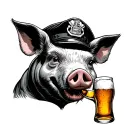 pig with a cop cap drinking beer tattoo design idea