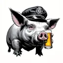 pig with a cop cap drinking beer tattoo design idea