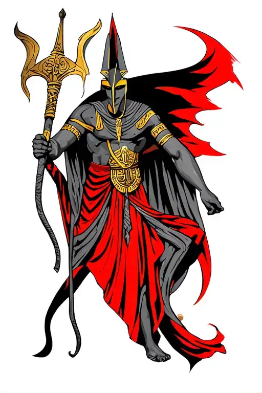 anubis god holding staff red and black grey tattoo tattoo design idea