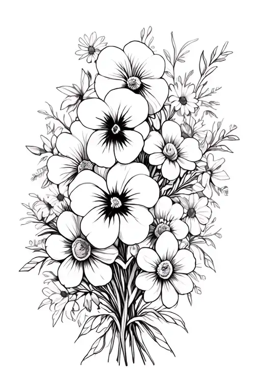 flower bouquet with pansies and daffodils and daisies tattoo design idea