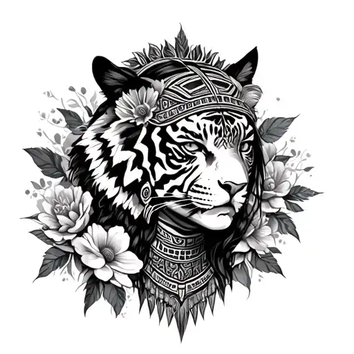Aztec women  , tiger surrounded, flowers tattoo design idea