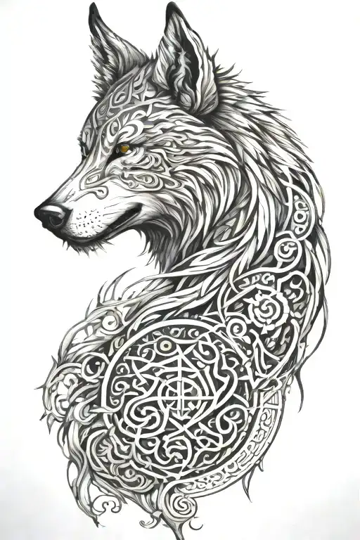 A fenrir perched on runes with intricate line work, and viking rune and skulls  patterns woven into fur. long shaped tattoo design idea