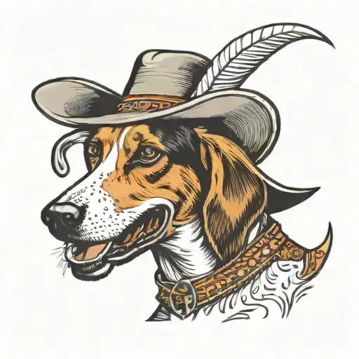 tricolored foxhound dog with cowboy hat winking  tattoo design idea