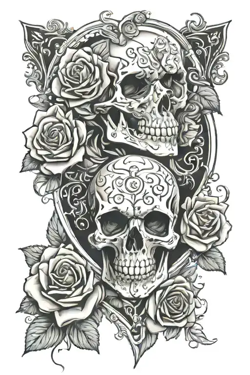 skull and roses sleeve tattoo with the initials KAKC in a heart  tattoo design idea