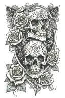 skull and roses sleeve tattoo with the initials KAKC in a heart  tattoo design idea