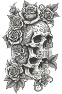 skull and roses sleeve tattoo with the initials KAKC in a heart  tattoo design idea
