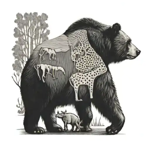 black bear in the foreground with a giraffe, diary cow, elephant, and dog in the background walking in a line  tattoo design idea