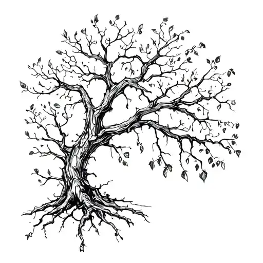 A tree with broken or injured branches but new leaves growing. This can symbolize growth and a new beginning. It can be the root. tattoo design idea
