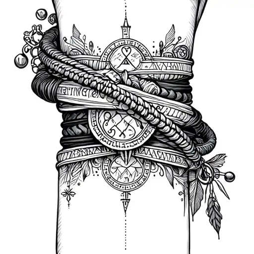 A tattoo incorporating bracelets and ancient symbols, reflecting the director's love for secret and ancient signs in a dotwork style tattoo design idea